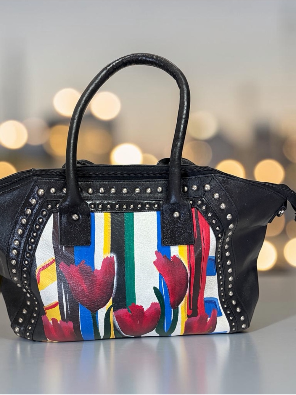 Sharif 1827 Hand Painted Leather Tulip Satchel Studded Edgy Wearable Art Bag